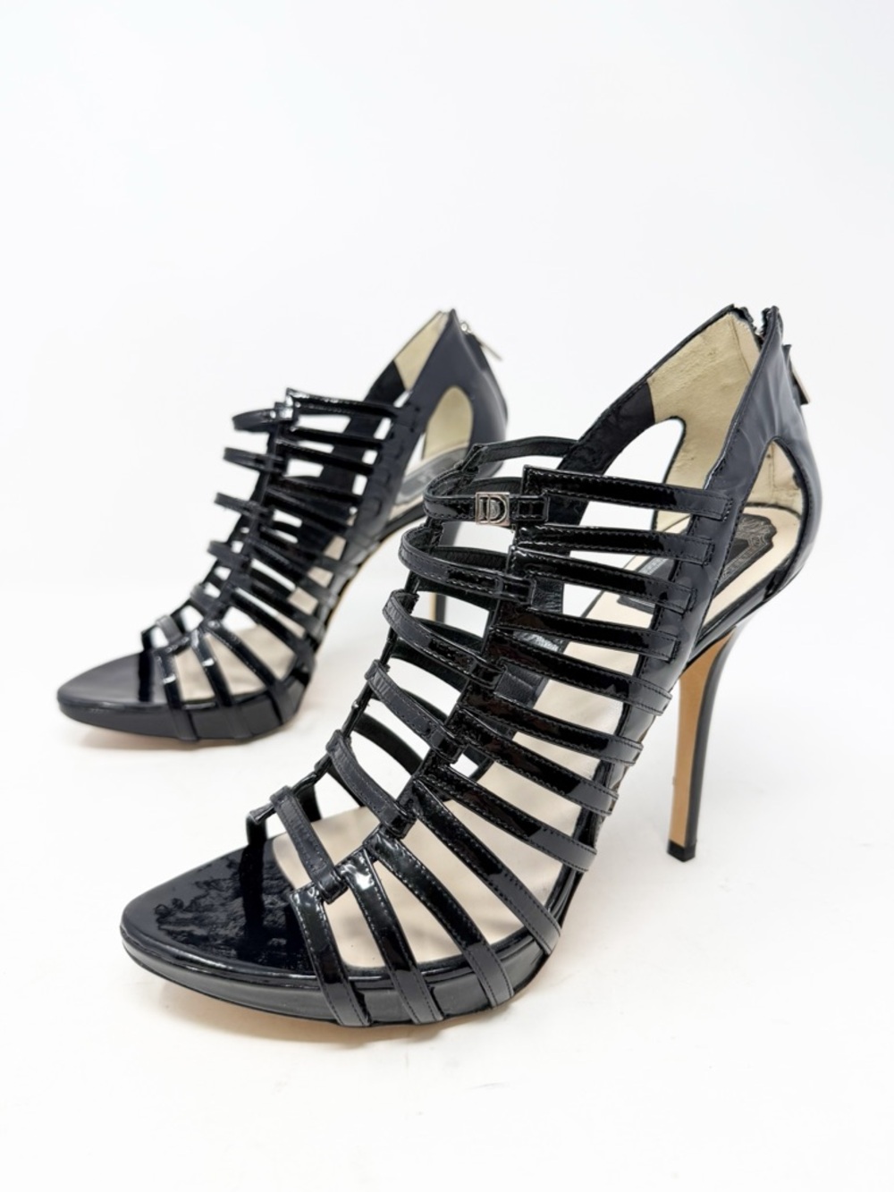 Christian Dior Patent Strappy Cage Sandal Heels Black Womens Size EU 40